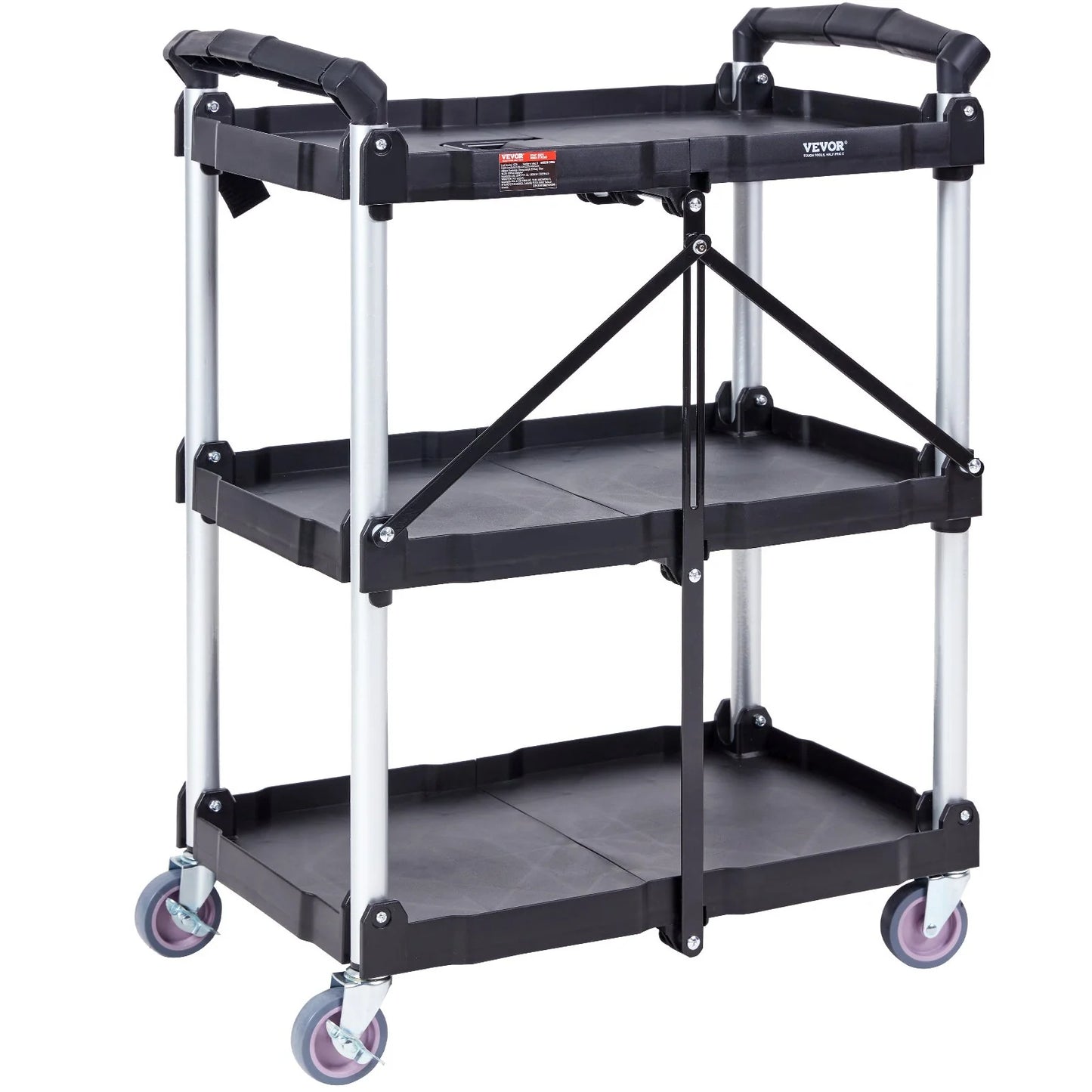 VEVOR Foldable Utility Service Cart, 3 Shelf 165LBS Heavy Duty Plastic Rolling Cart with Lockable Wheels, Ergonomic Handle, Portable Garage Tool Cart for Warehouse/Office/Home(25.62X15.43X32.76)