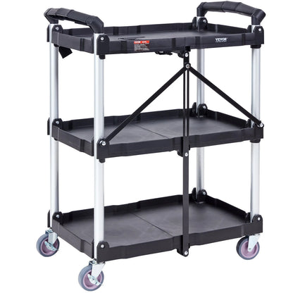 VEVOR Foldable Utility Service Cart, 3 Shelf 165LBS Heavy Duty Plastic Rolling Cart with Lockable Wheels, Ergonomic Handle, Portable Garage Tool Cart for Warehouse/Office/Home(25.62X15.43X32.76)
