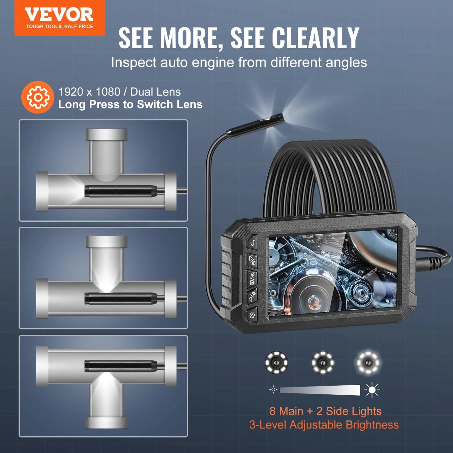 VEVOR Endoscope Camera with Lights Triple Lens Borescope 16.4FT Cable 5 Screen