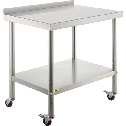 VEVOR Stainless Steel Prep Table, 36 X 24 X 35 Inch, 440Lbs Load Capacity Heavy Duty Metal Worktable with Backsplash Adjustable Undershelf & 4 Casters, Commercial Workstation for Kitchen Restaurant