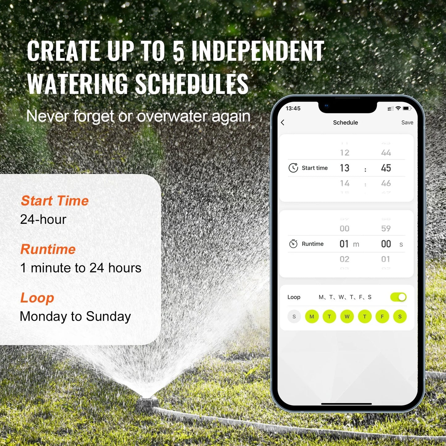 VEVOR Wifi Sprinkler Timer, Single Outlet, Smart Hose Faucet Water Timer with Brass Inlet, APP Control via 2.4Ghz Wifi or Bluetooth, Voice Control with Alexa Google Assistant, IPX6 for Yard Watering