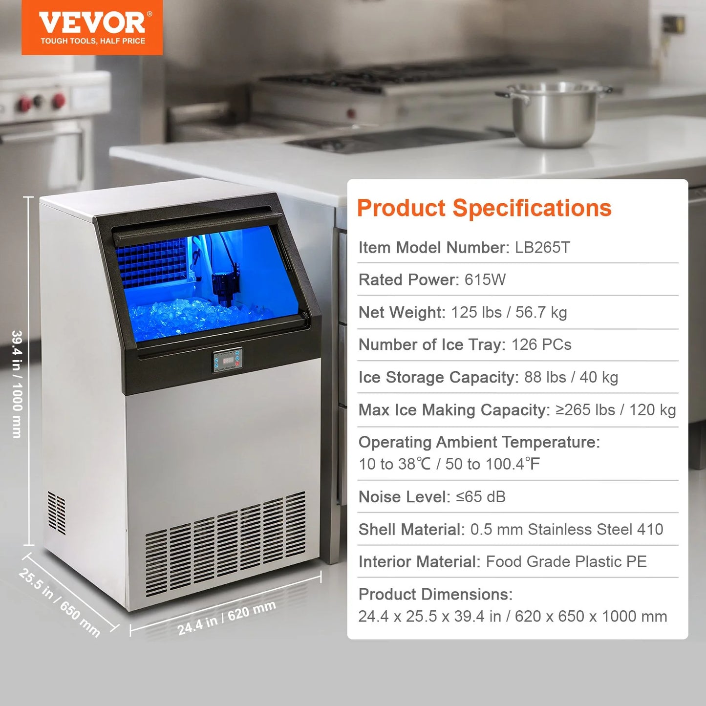 VEVOR Commercial Ice Maker, 265Lbs/24H, Ice Maker Machine, 126 Ice Cubes in 12-15 Minutes, Freestanding Cabinet Ice Maker with 88Lbs Storage Capacity LED Digital Display, for Home Office Restaurant