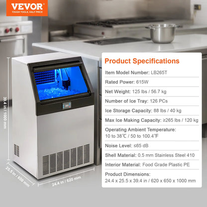 VEVOR Commercial Ice Maker, 265Lbs/24H, Ice Maker Machine, 126 Ice Cubes in 12-15 Minutes, Freestanding Cabinet Ice Maker with 88Lbs Storage Capacity LED Digital Display, for Home Office Restaurant