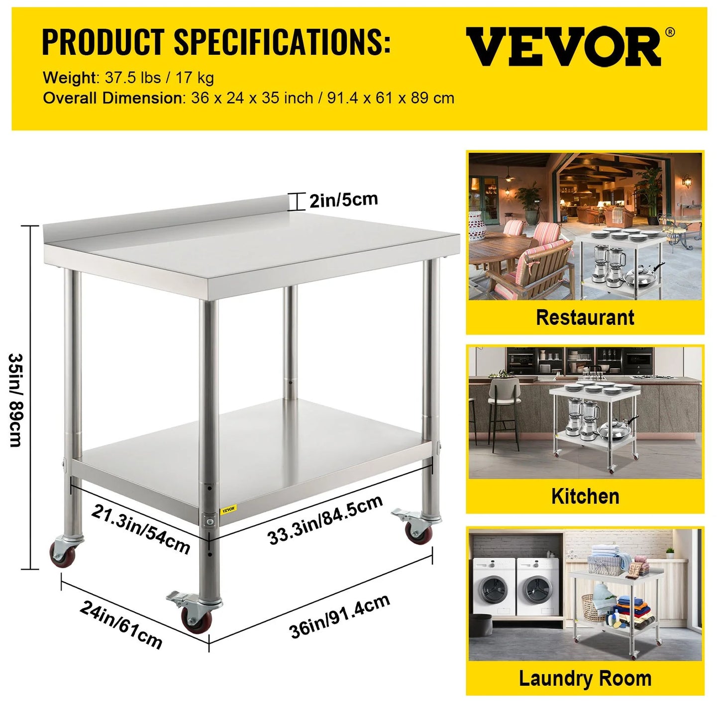 VEVOR Stainless Steel Prep Table, 36 X 24 X 35 Inch, 440Lbs Load Capacity Heavy Duty Metal Worktable with Backsplash Adjustable Undershelf & 4 Casters, Commercial Workstation for Kitchen Restaurant