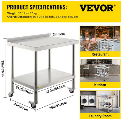 VEVOR Stainless Steel Prep Table, 36 X 24 X 35 Inch, 440Lbs Load Capacity Heavy Duty Metal Worktable with Backsplash Adjustable Undershelf & 4 Casters, Commercial Workstation for Kitchen Restaurant