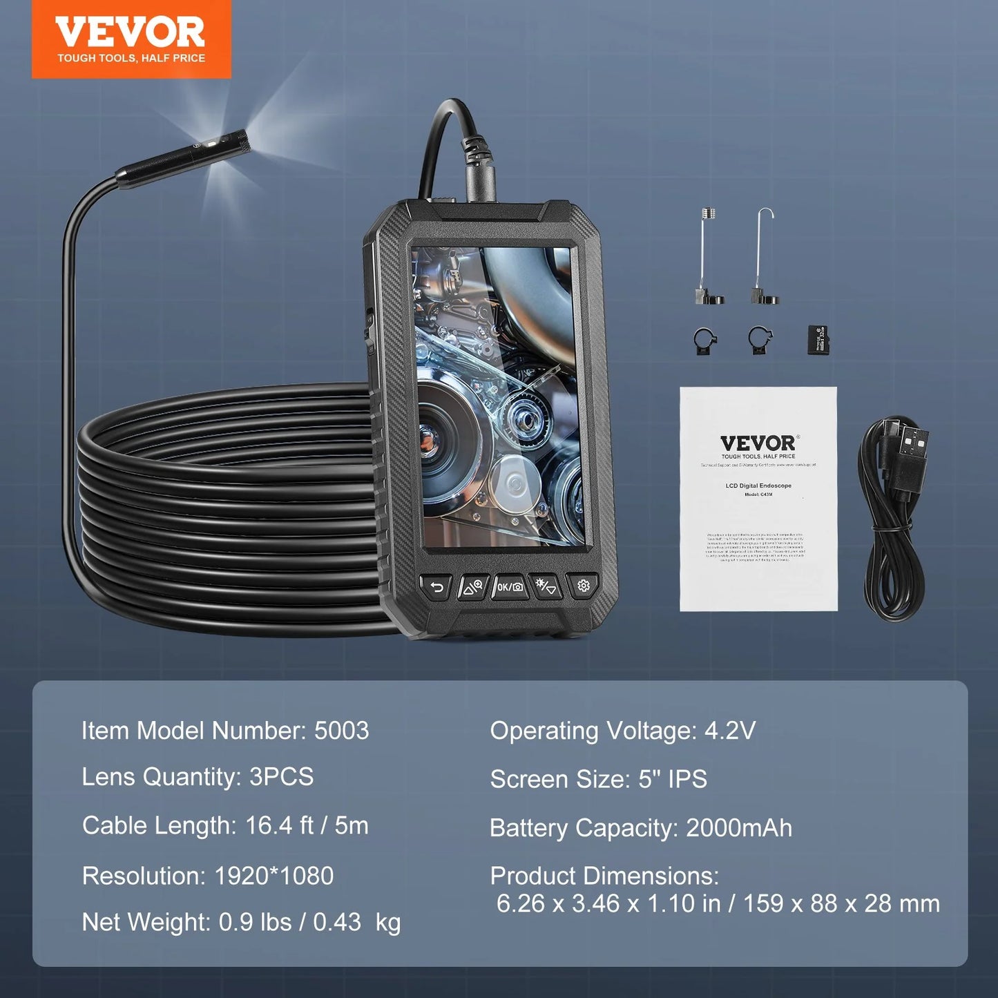 VEVOR Endoscope Camera with Lights Triple Lens Borescope 16.4FT Cable 5 Screen