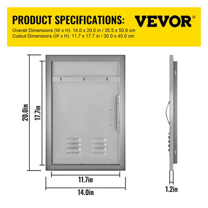 VEVOR Outdoor Kitchen 14W X 20H Inch Wall Construction Stainless Steel Flush Mount for BBQ Island, 14Inch X 20Inch, Single Door with Vents