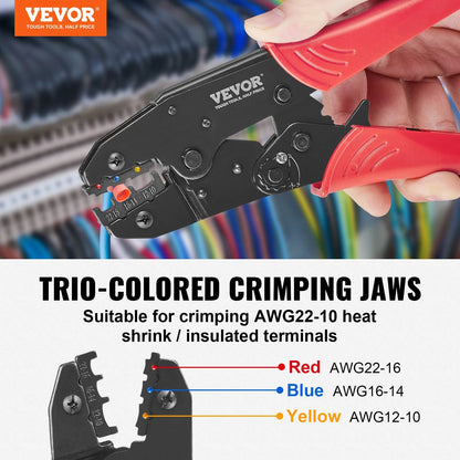VEVOR Ratcheting Crimping Tool Set for Insulated Electrical Connectors AWG22-10 with Wire Stripper and 210Pcs Heat Shrink Tubes Labor-Saving Ratcheting Wire Crimp Pliers
