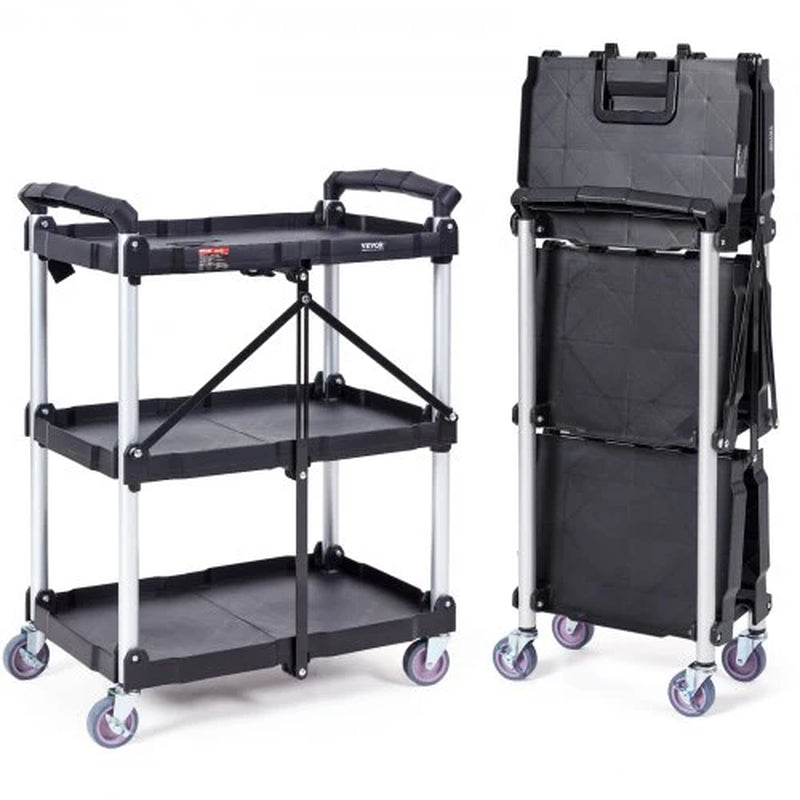 VEVOR Foldable Utility Service Cart, 3 Shelf 165LBS Heavy Duty Plastic Rolling Cart with Lockable Wheels, Ergonomic Handle, Portable Garage Tool Cart for Warehouse/Office/Home(25.62X15.43X32.76)