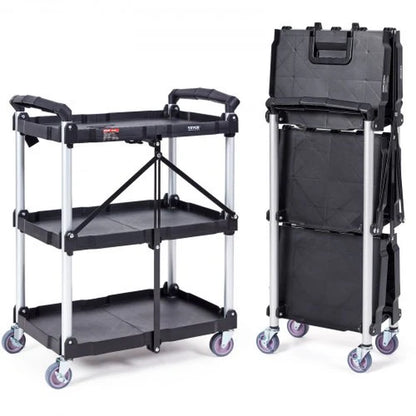 VEVOR Foldable Utility Service Cart, 3 Shelf 165LBS Heavy Duty Plastic Rolling Cart with Lockable Wheels, Ergonomic Handle, Portable Garage Tool Cart for Warehouse/Office/Home(25.62X15.43X32.76)