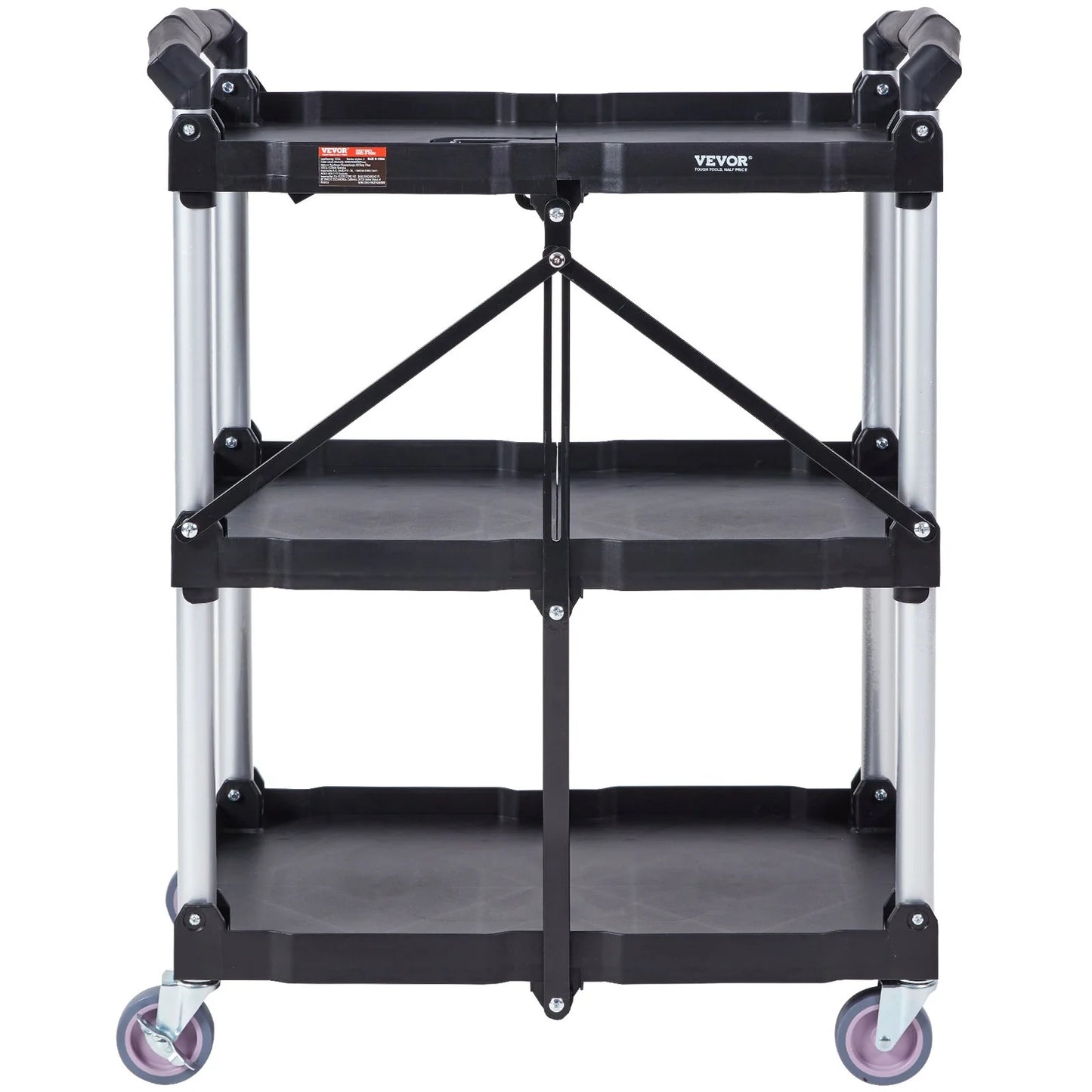 VEVOR Foldable Utility Service Cart, 3 Shelf 165LBS Heavy Duty Plastic Rolling Cart with Lockable Wheels, Ergonomic Handle, Portable Garage Tool Cart for Warehouse/Office/Home(25.62X15.43X32.76)