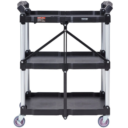 VEVOR Foldable Utility Service Cart, 3 Shelf 165LBS Heavy Duty Plastic Rolling Cart with Lockable Wheels, Ergonomic Handle, Portable Garage Tool Cart for Warehouse/Office/Home(25.62X15.43X32.76)