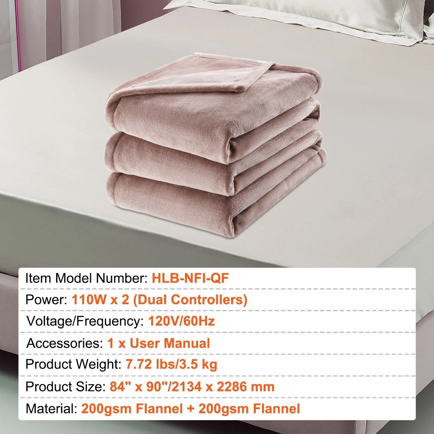 VEVOR Heated Blanket Electric Throw, 84 X 90 Queen Size, Soft Flannel Heating Blanket with 10 Hours Timer Auto-Off & 5 Heating Levels, Dual Control, Machine Washable, ETL & FCC Certification (Beige)