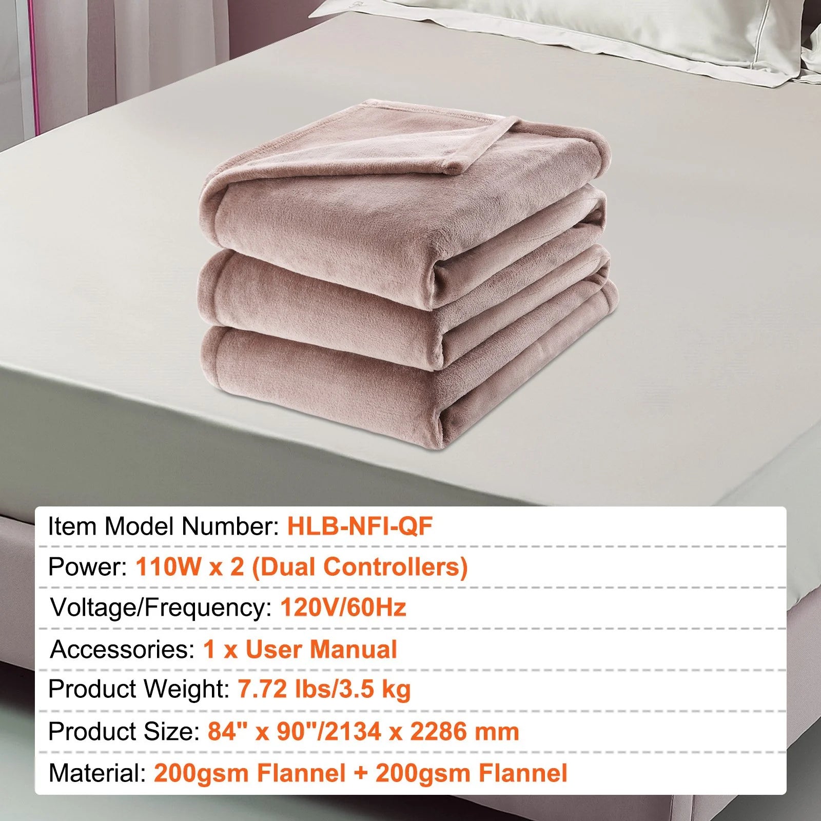 VEVOR Heated Blanket Electric Throw, 84 X 90 Queen Size, Soft Flannel Heating Blanket with 10 Hours Timer Auto-Off & 5 Heating Levels, Dual Control, Machine Washable, ETL & FCC Certification (Beige)