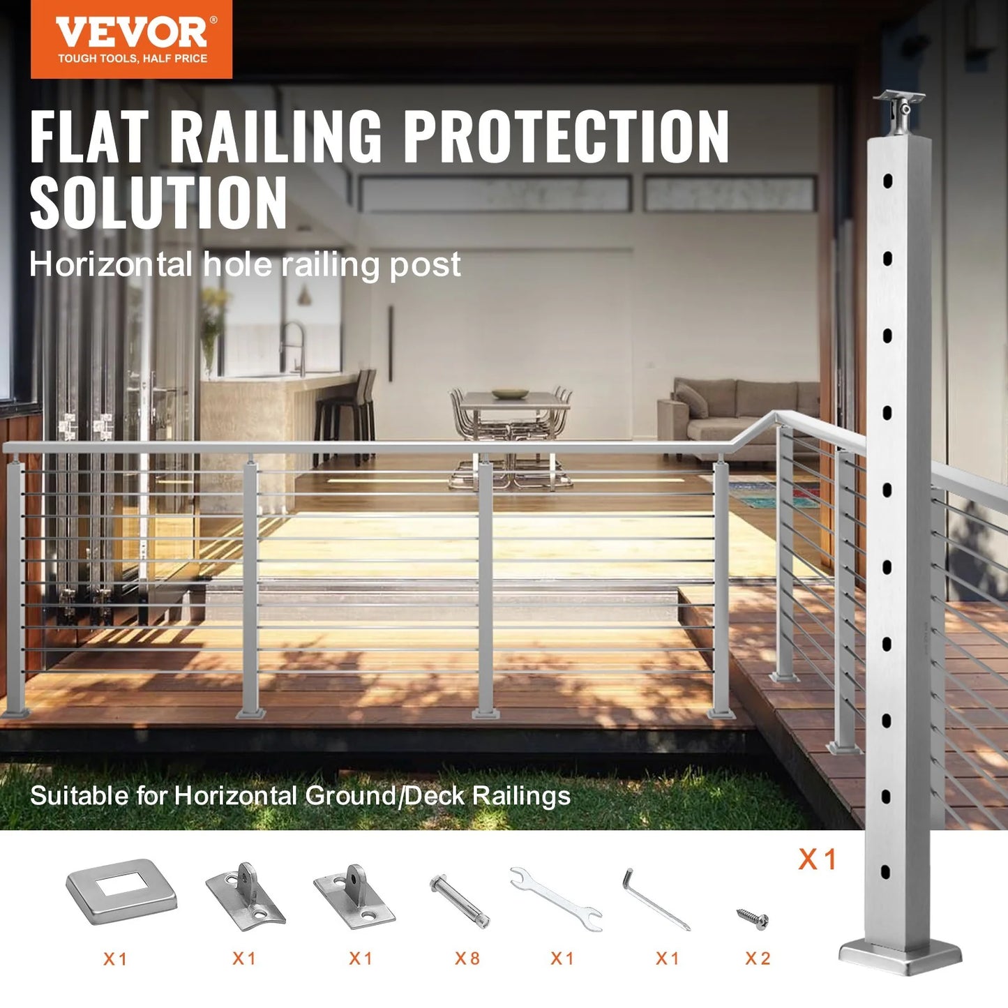 VEVOR Cable Railing Post Level Deck Stair Post 36 X 0.98 X 1.97 Cable Handrail Post Stainless Steel Wire Drawing Deck Railing Pre-Drilled Pickets with Mounting Bracket Stair Railing Kit Silver