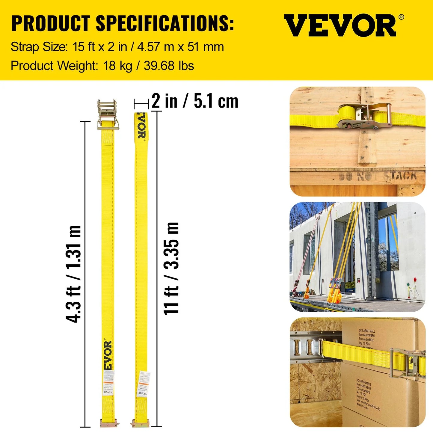 VEVOR E Track Ratchet Strap, 18PCS 2 X 15' E-Track Straps 4400 LBS Breaking Strength, with Polyester Webbing & Spring Fitting & Ratchets, Durable Tie-Downs for Motorcycles, Tire, Trailer Loads