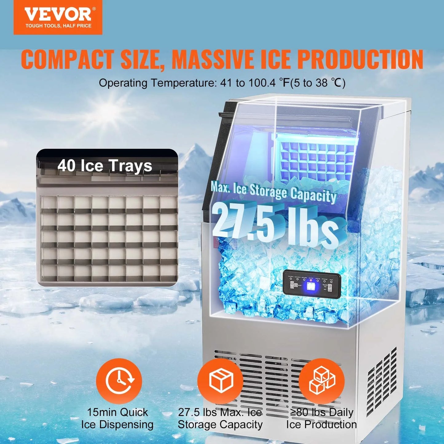 VEVOR Commercial Ice Maker, 80Lbs/24H, Ice Maker Machine, 40 Ice Cubes in 12-15 Minutes, Freestanding Cabinet Ice Maker with 27.5Lbs Storage Capacity LED Digital Display, for Bar Home Office Restaurant