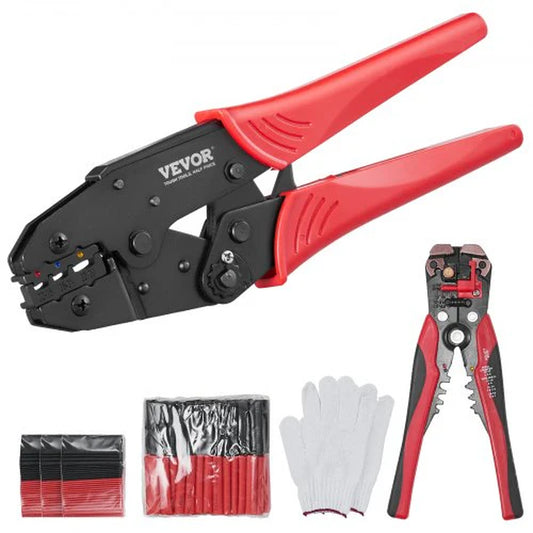 VEVOR Ratcheting Crimping Tool Set for Insulated Electrical Connectors AWG22-10 with Wire Stripper and 210Pcs Heat Shrink Tubes Labor-Saving Ratcheting Wire Crimp Pliers