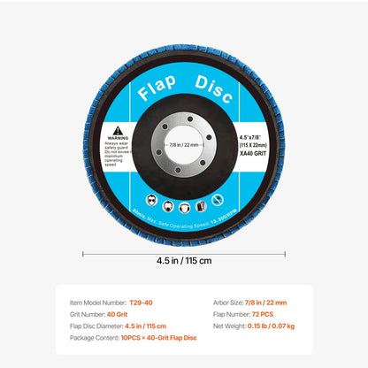 VEVOR Flap Discs 4-1/2 X 7/8 Sanding Disc for Angle Grinder 40 Grit 10 Packs