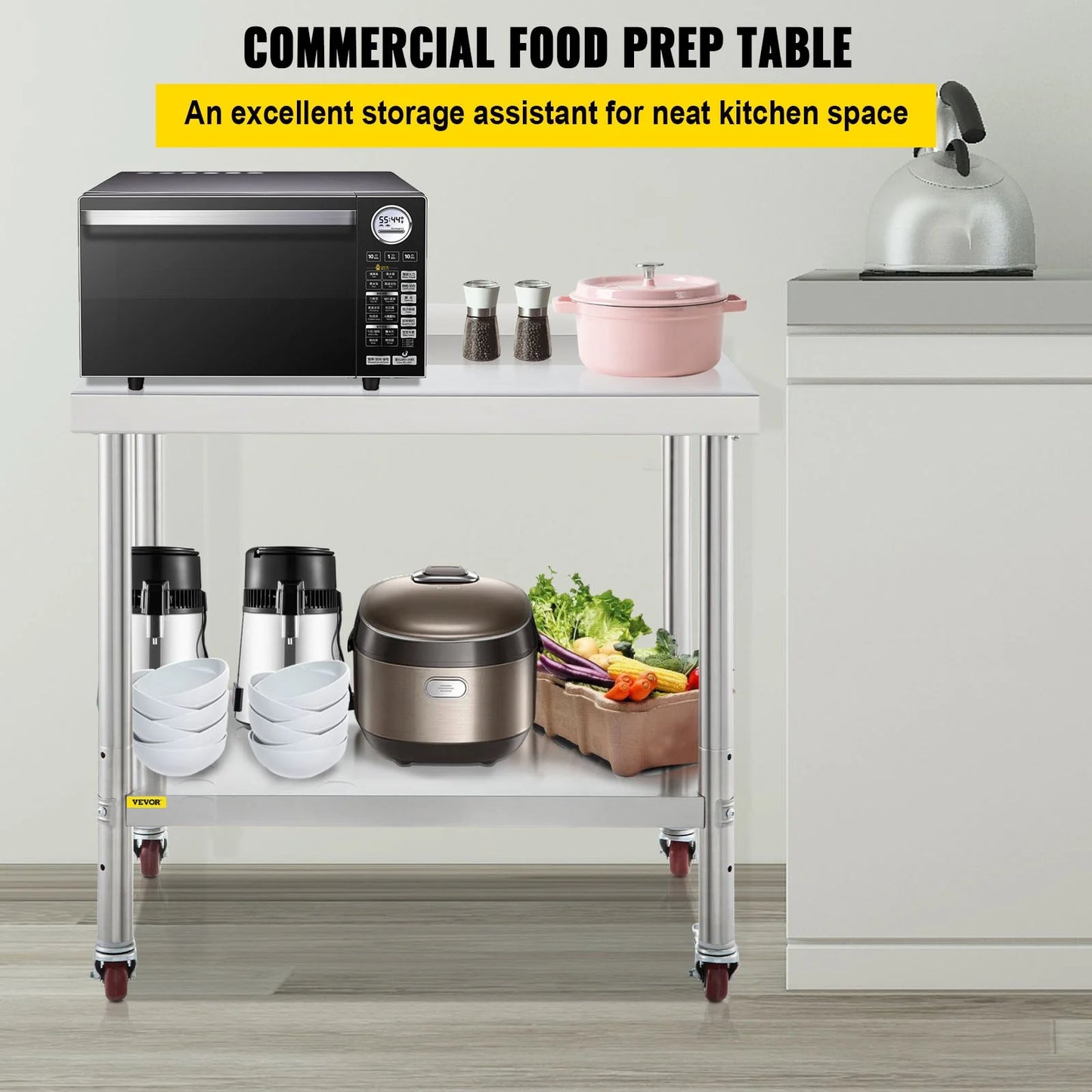 VEVOR Stainless Steel Prep Table, 36 X 24 X 35 Inch, 440Lbs Load Capacity Heavy Duty Metal Worktable with Backsplash Adjustable Undershelf & 4 Casters, Commercial Workstation for Kitchen Restaurant
