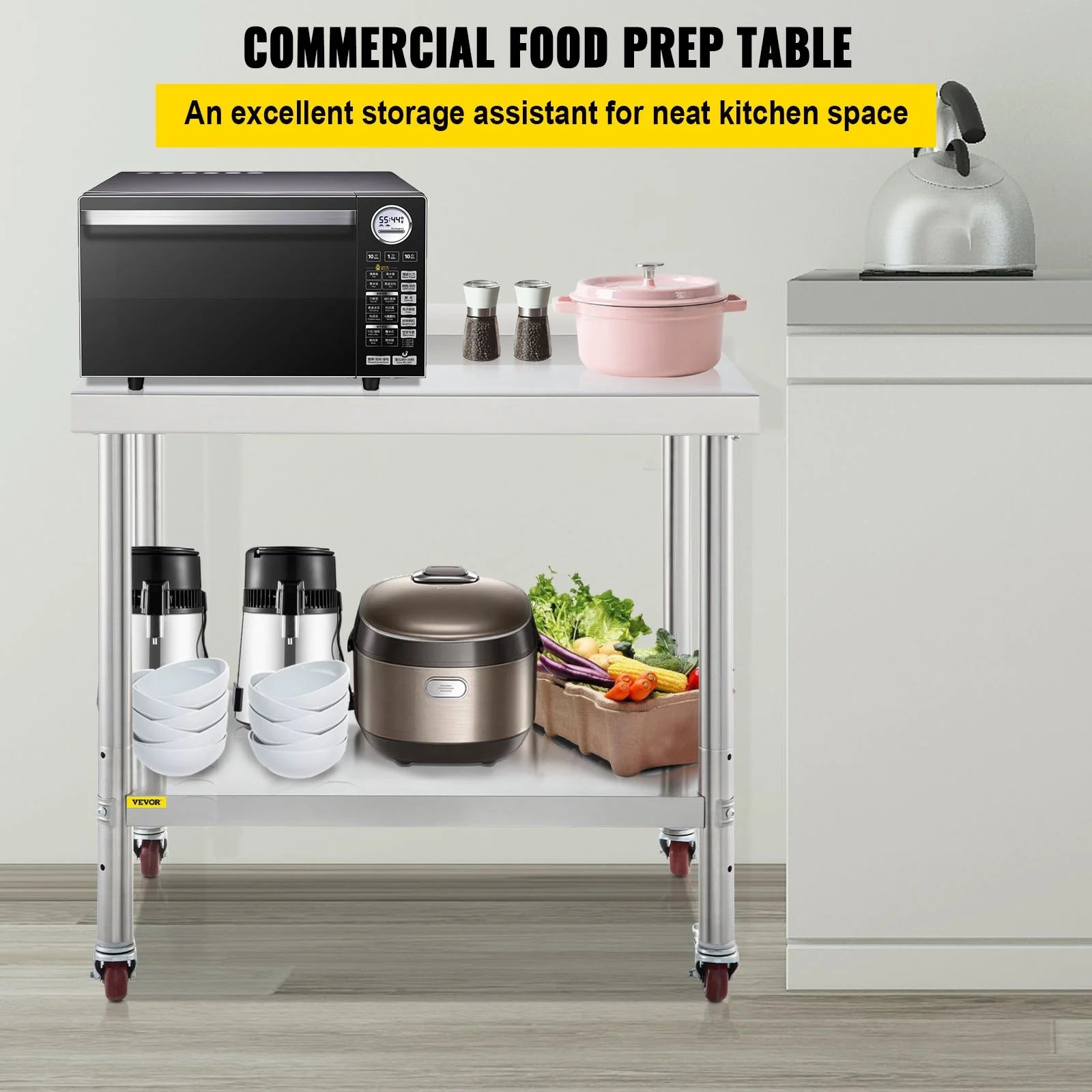 VEVOR Stainless Steel Prep Table, 36 X 24 X 35 Inch, 440Lbs Load Capacity Heavy Duty Metal Worktable with Backsplash Adjustable Undershelf & 4 Casters, Commercial Workstation for Kitchen Restaurant