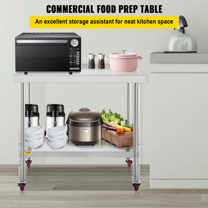 VEVOR Stainless Steel Prep Table, 36 X 24 X 35 Inch, 440Lbs Load Capacity Heavy Duty Metal Worktable with Backsplash Adjustable Undershelf & 4 Casters, Commercial Workstation for Kitchen Restaurant